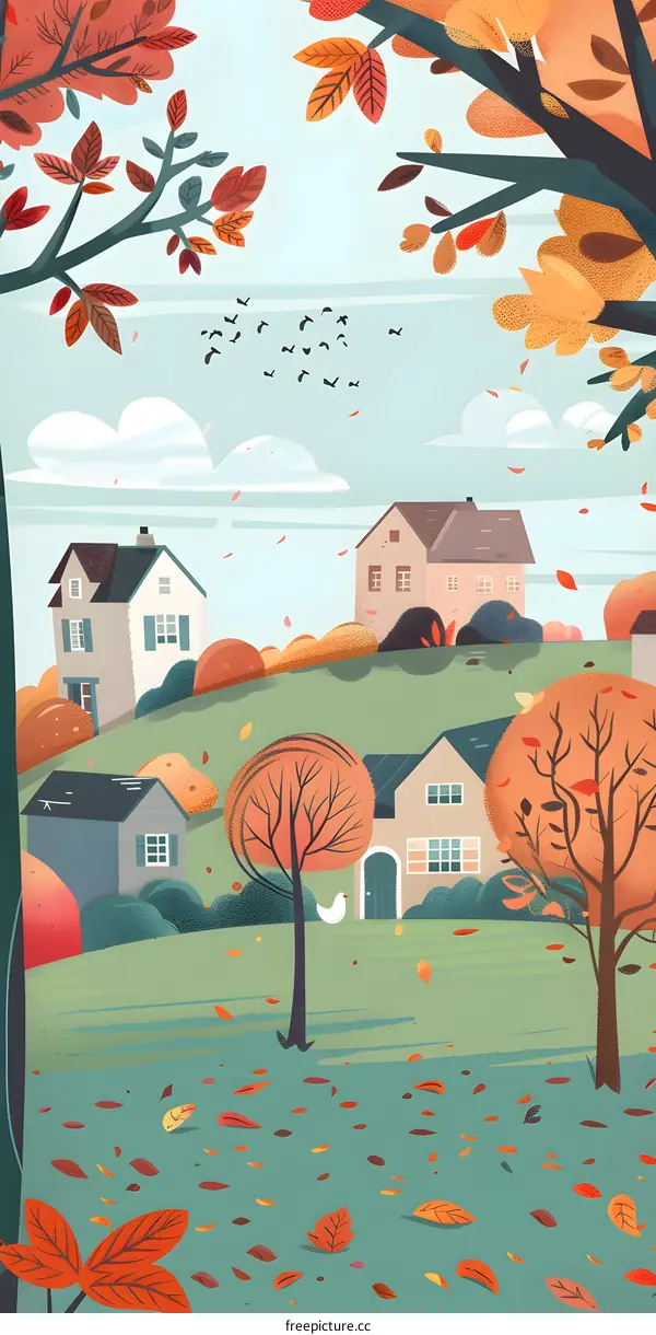 Autumn Landscape With Houses and Falling Leaves