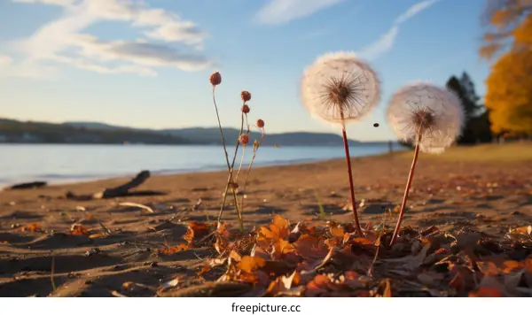 Dandelions in bloom by the lake, autumn
