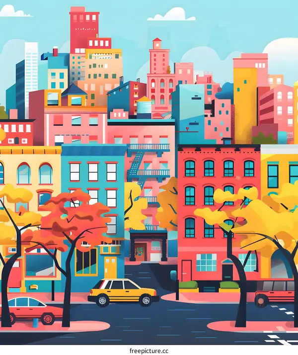 Colorful Cityscape Illustration with Buildings and Trees