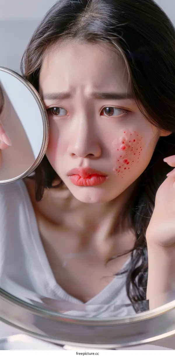 A young woman with acne looking in the mirror