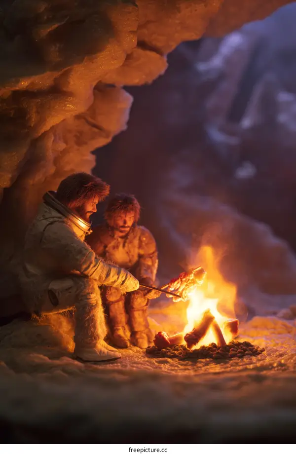 Two Figures by the Campfire in a Cave