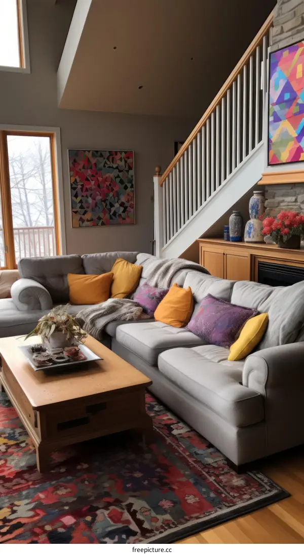 A living room with a colorful painting