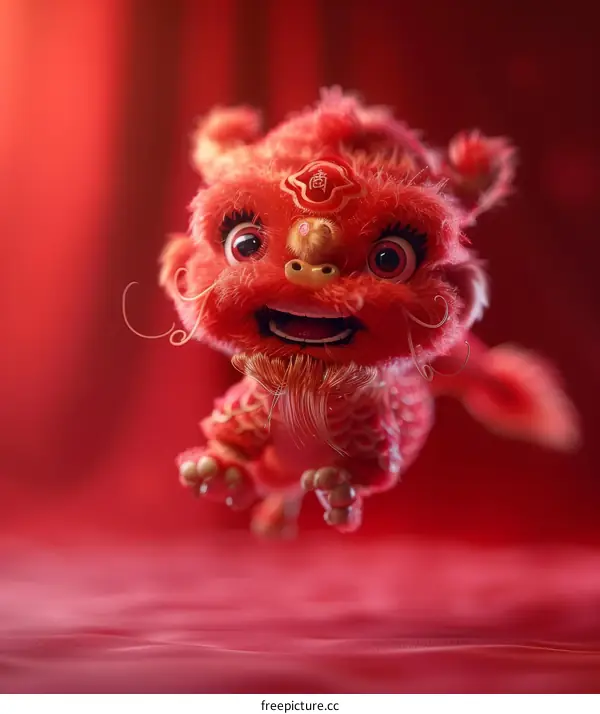 3D Rendering of a Red Chinese Lion Dancing