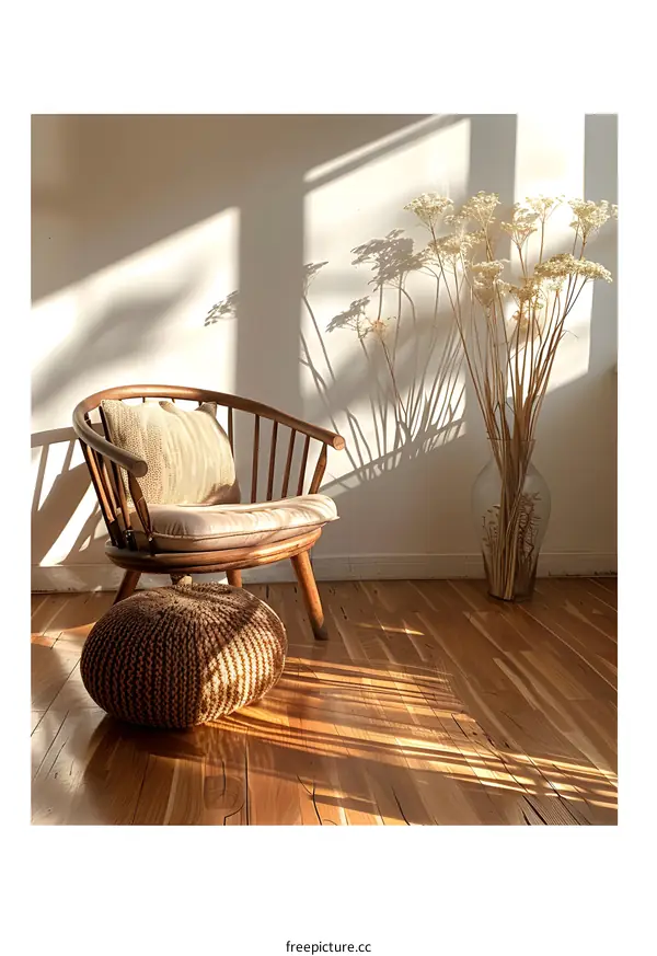 Wooden Chair and Ottoman in a Minimalist Interior