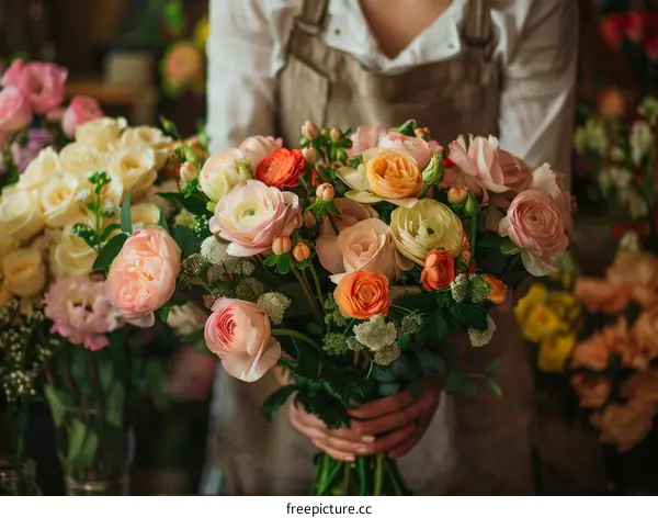 florist holding a bouquet of different flowers