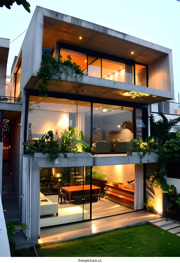 Modern Concrete House with Large Windows and Green Plants