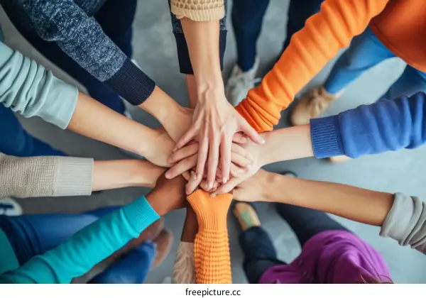 Multiracial group of people joining hands together