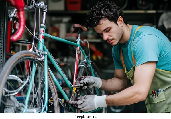 Man Fixing Bicycle in Workshop