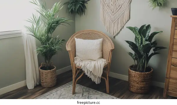 Cozy Corner with Plants and Wicker Chair