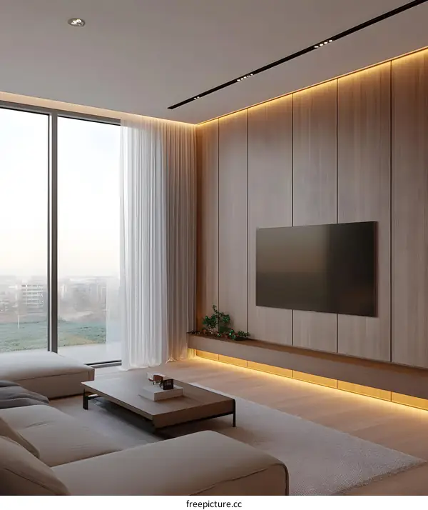 Modern Living Room Interior Design With Wooden Wall and Large Window