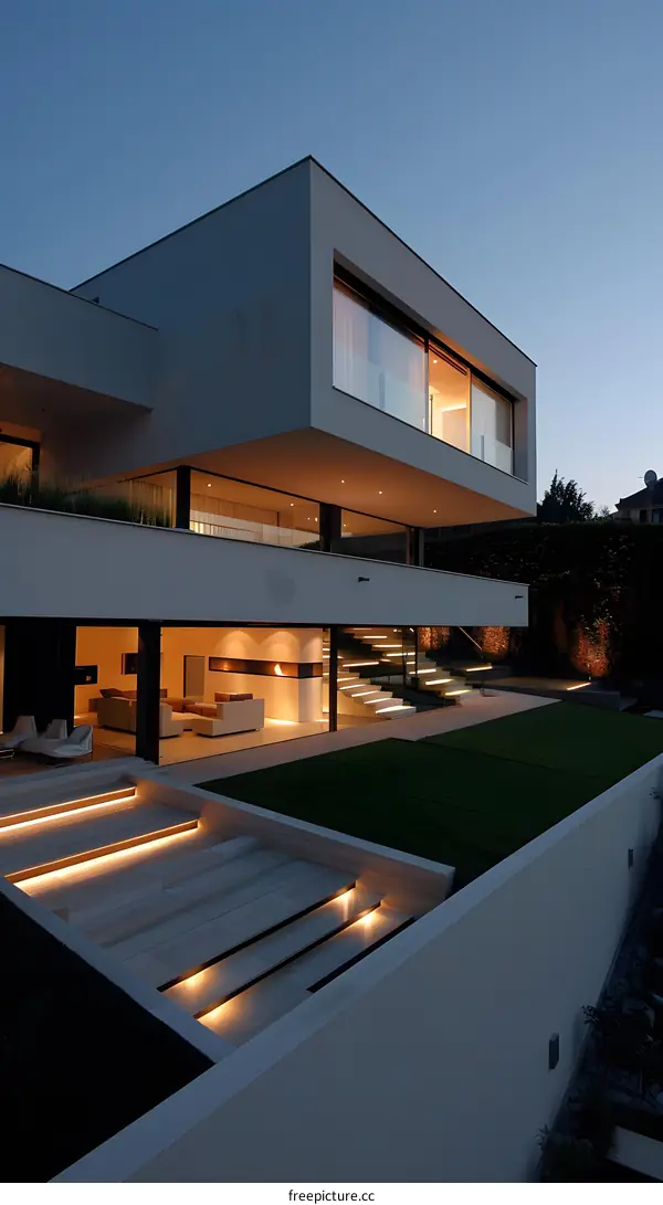 Modern Architecture House Exterior Design with Illuminated Stairs