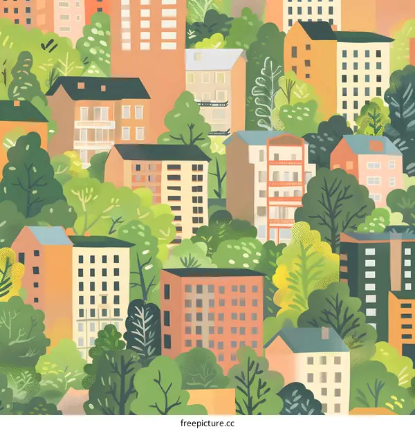 Green Cityscape with Colorful Buildings