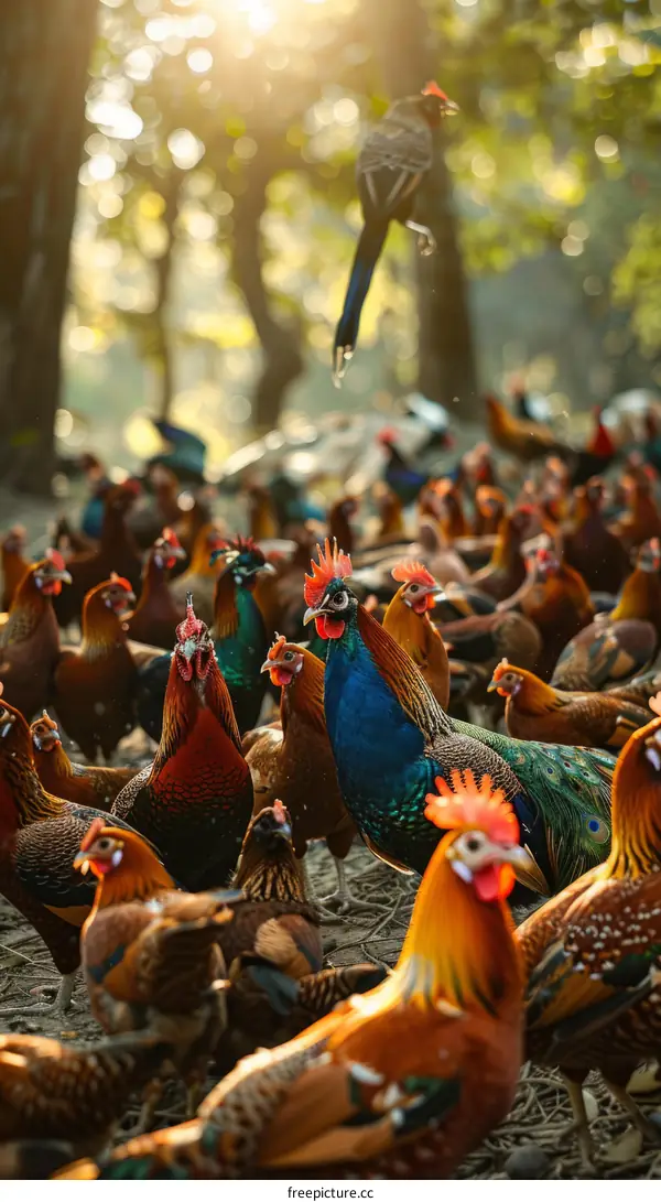 A Group of Chickens and Peafowl in a Forest