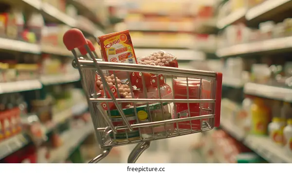 Full Shopping Cart in Supermarket Aisle