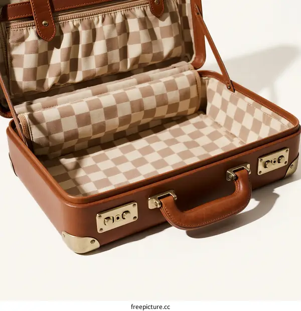 Vintage Brown Leather Suitcase with Checkered Interior and Gold Fittings