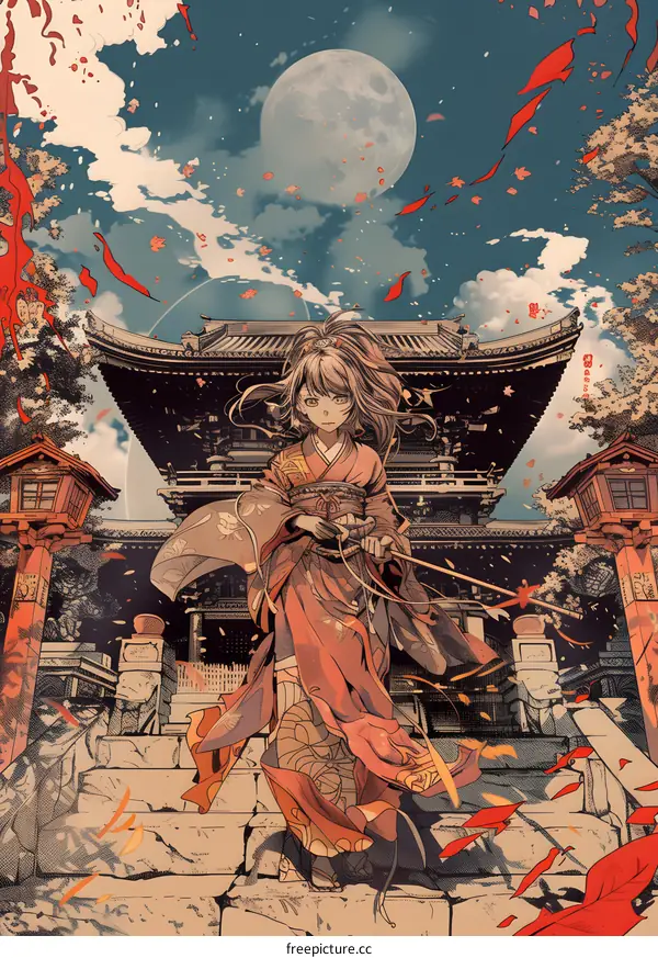 Japanese Anime Woman in Kimono Walking Up Stairs with a Sword