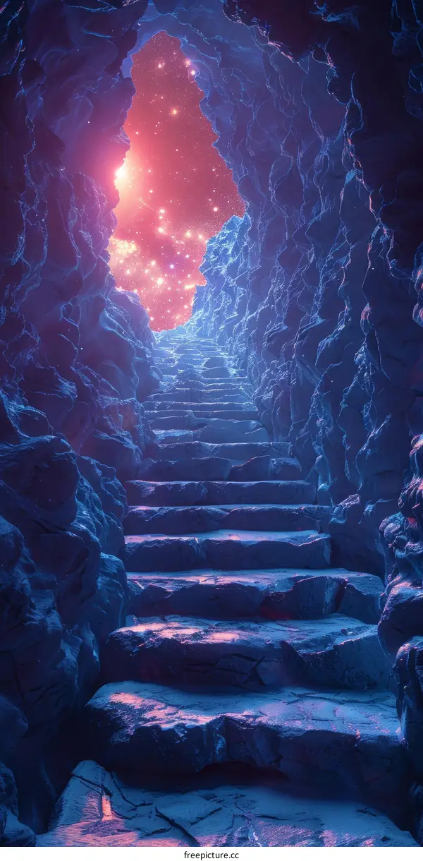 Mystical Cave Entrance Stairwell to Glowing Starlit Night Sky