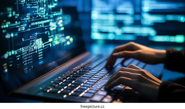 A person is typing on a laptop keyboard with a circuit board graphic on the screen.