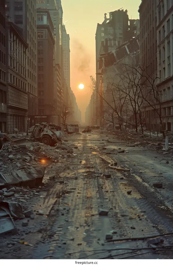Post-apocalyptic city street with rubble and debris