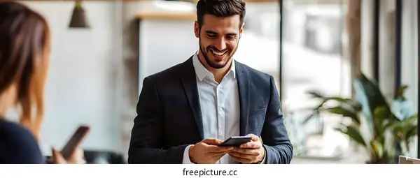 Smiling Businessman Using Smartphone in Modern Office