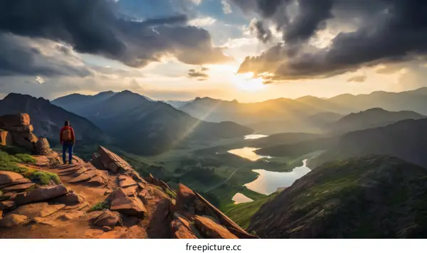 Man looking at mountain landscape with two lakes during sunset