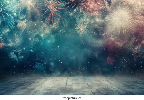 Fireworks Over Night Sky And Stars With Concrete Floor