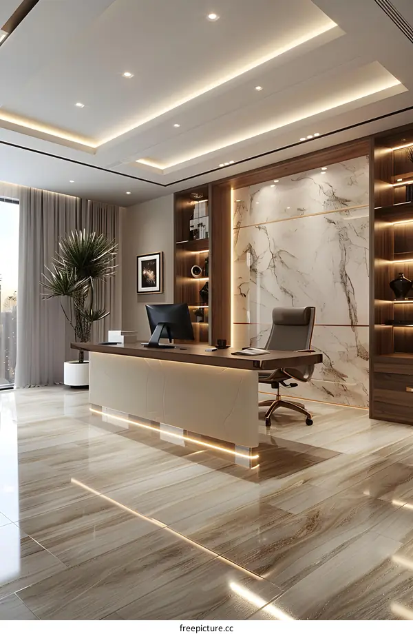 Modern office interior design with marble walls and wooden furniture