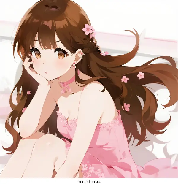 Anime girl with long brown hair wearing pink dress sitting on bed