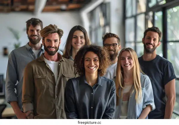 A group of people standing in an office and smiling at the camera