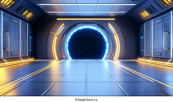 Futuristic Corridor with a Portal to Space