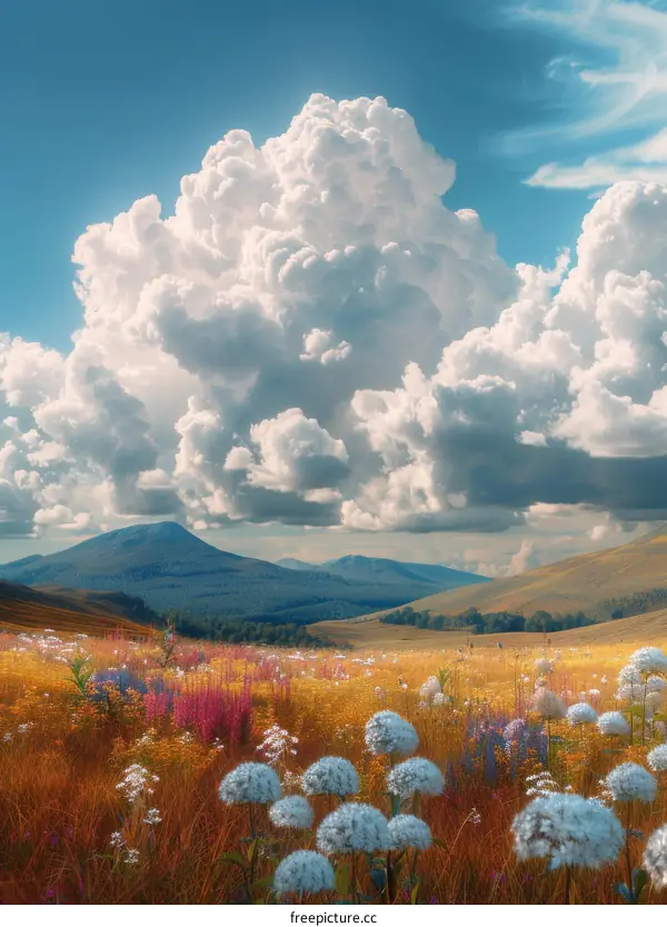 Stunning Meadow with Flowers and Clouds