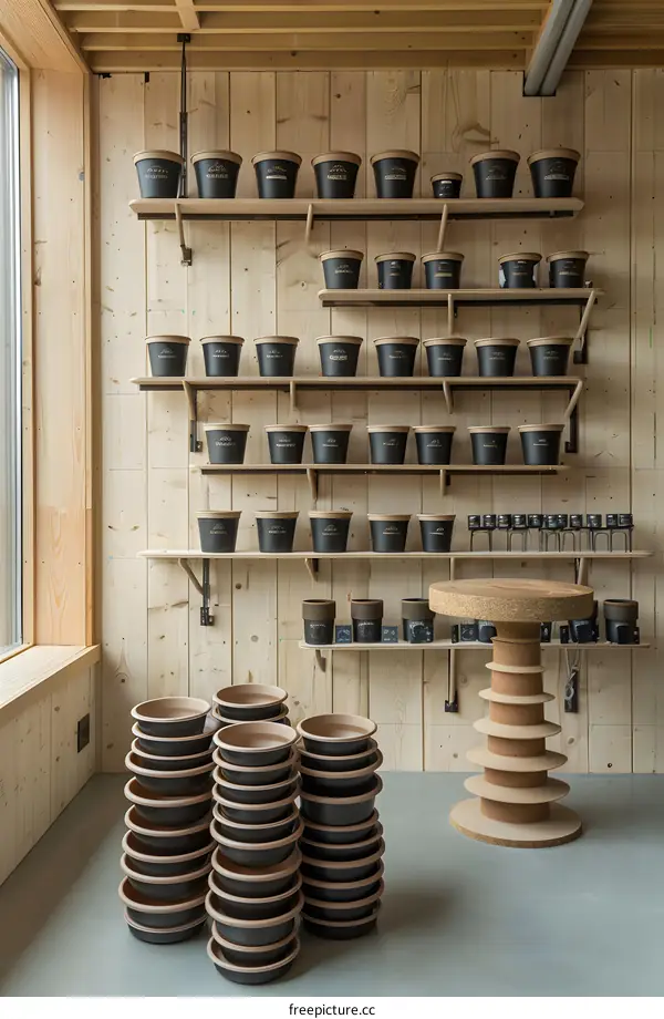 Wooden Wall Shelves With Black Pots and Stacked Pots