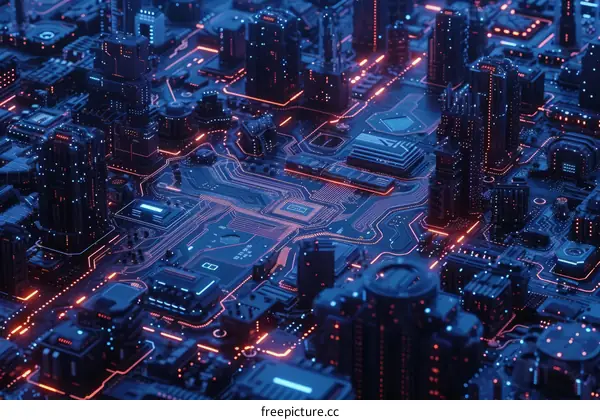 A glowing blue and red circuit board city