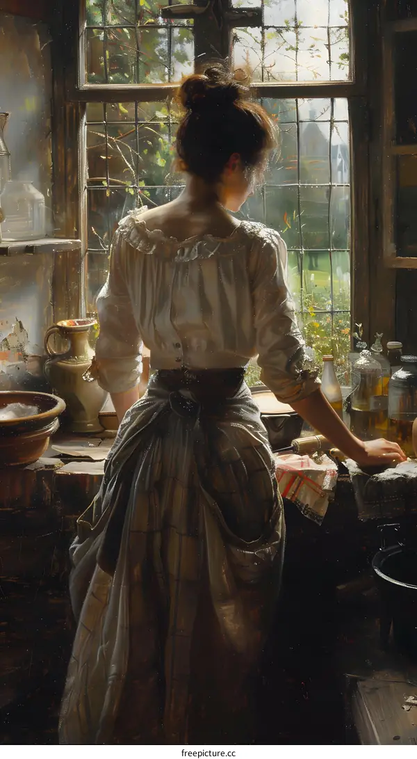 A woman standing in front of a window