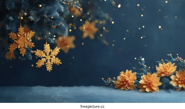 Christmas Festive Decorations with Golden Snowflakes and Flowers