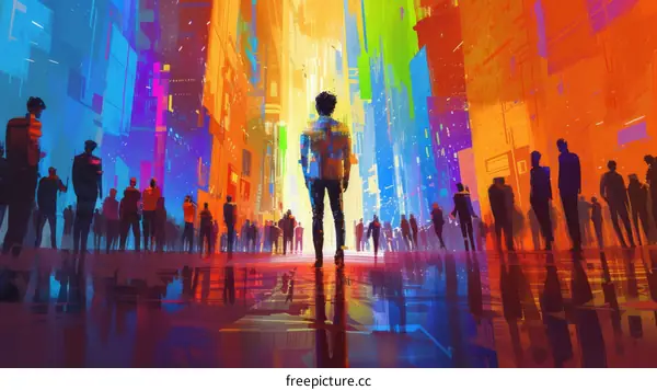 Man standing alone in a city street with colorful lights