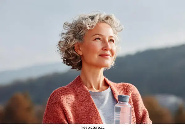 Thoughtful Senior Woman Outdoors with Water Bottle