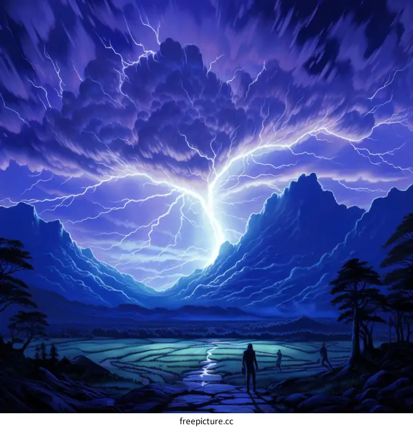 People walking through a valley during a lightning storm