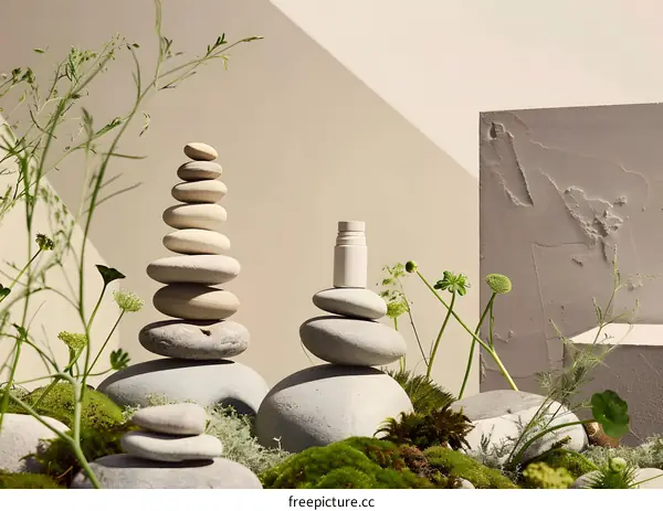 Natural Stone and Bottle Mockup with Green Plants