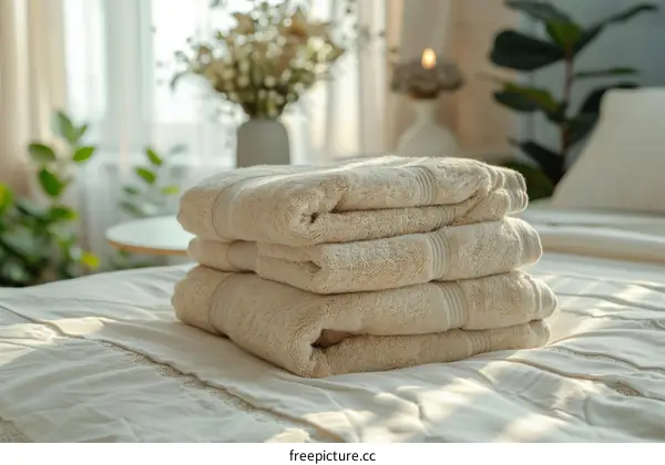 A stack of beige towels on a bed with a plant and flowers in the background