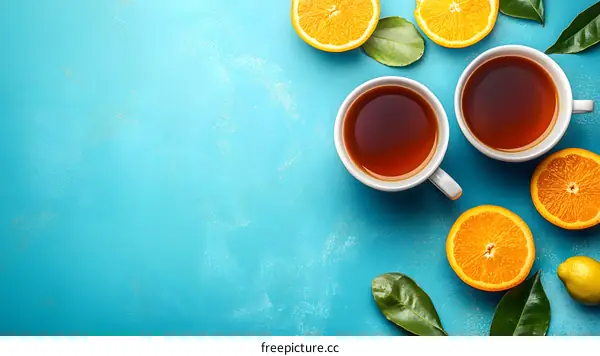 Top View of Two Cups of Tea with Orange Slices and Leaves on a Blue Background