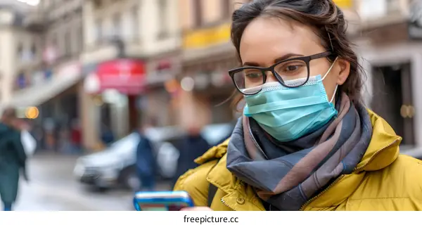 Woman Wearing Face Mask and Glasses Looks at Her Phone on a Busy Street