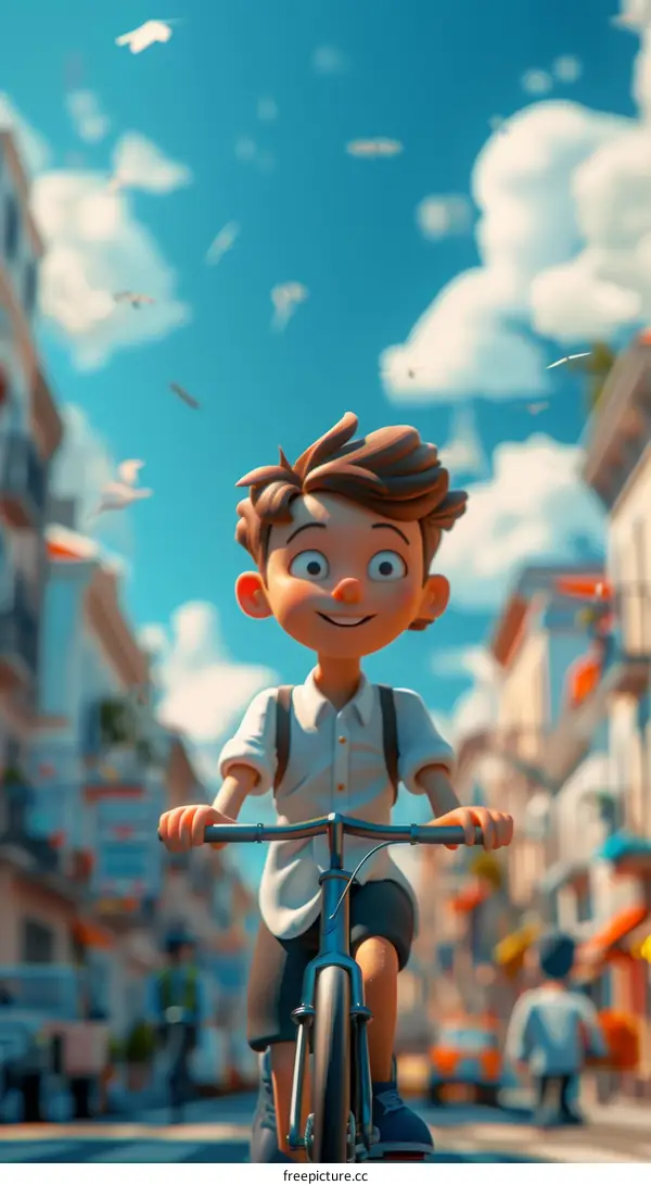 A boy riding a bicycle down a street