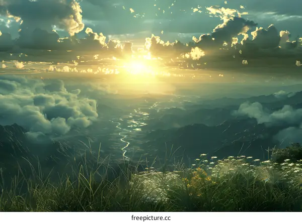 The sun sets over a mountain range, casting a golden glow on the valley below.