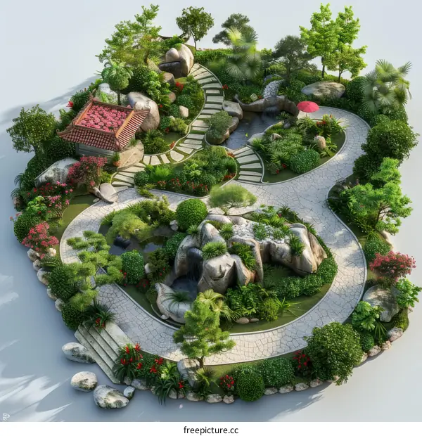 Courtyard with a rockery, a pond and a waterfall