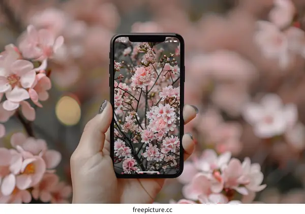 Hand Holding Smartphone with Flowers Screen in Front of a Blossoming Tree