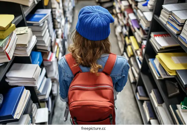 Student walking through a library filled with books