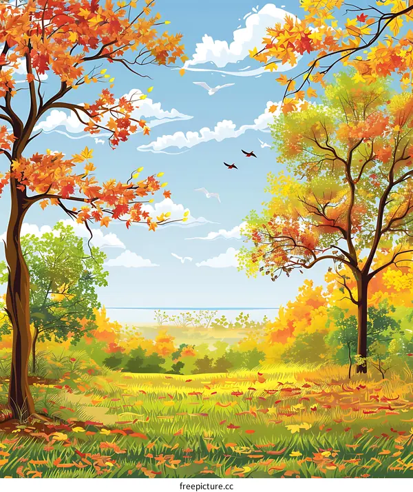 Autumn Landscape Illustration With Trees And Sky