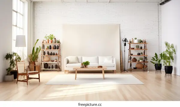 Bright and Airy Living Room With Plants and White Brick Wall