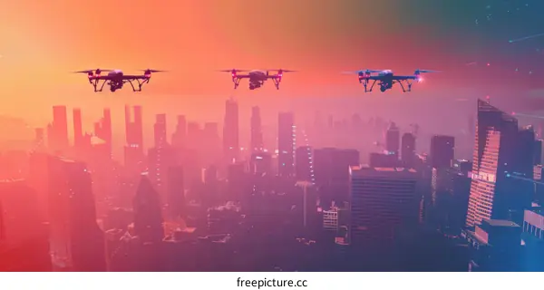 Drones Flying Over City at Sunset